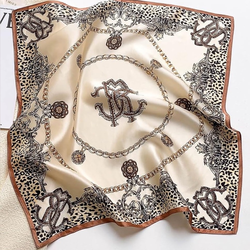 Elegant Cream Black and Brown Silk Scarf 20” sq great for purse or wear